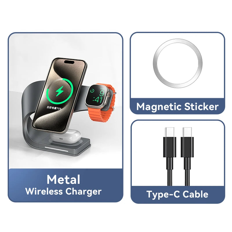 4 in 1 Wireless Charger Metal Shell Magnetic 15W Fast Charging Station Stand for iPhone 12-17 Mobile Phones Airpods Apple Watch