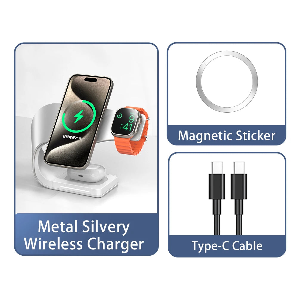 4 in 1 Wireless Charger Metal Shell Magnetic 15W Fast Charging Station Stand for iPhone 12-17 Mobile Phones Airpods Apple Watch