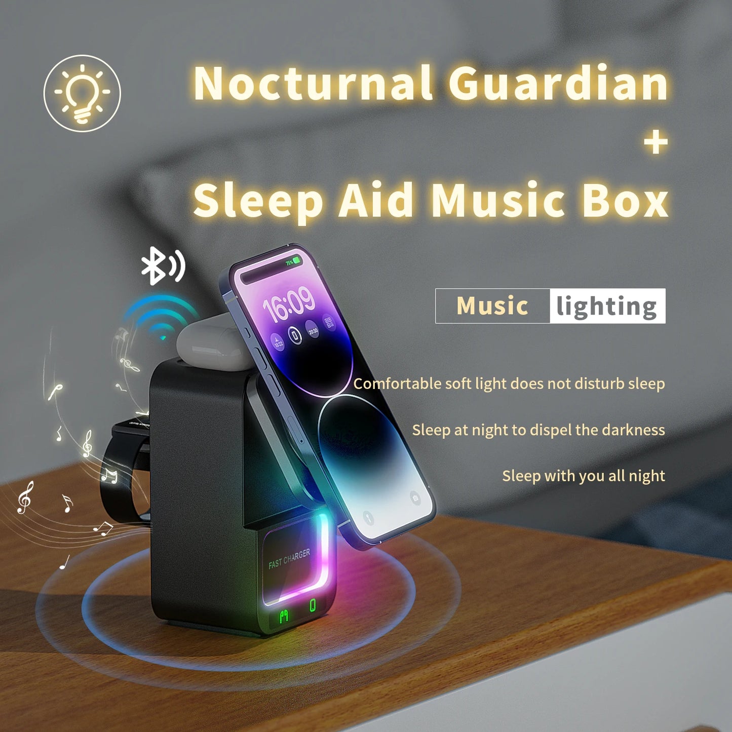 5-in-1 Wireless Charger With Bluetooth Speaker Fast Charging Station For Iphone/airpods/apple Watch Series
