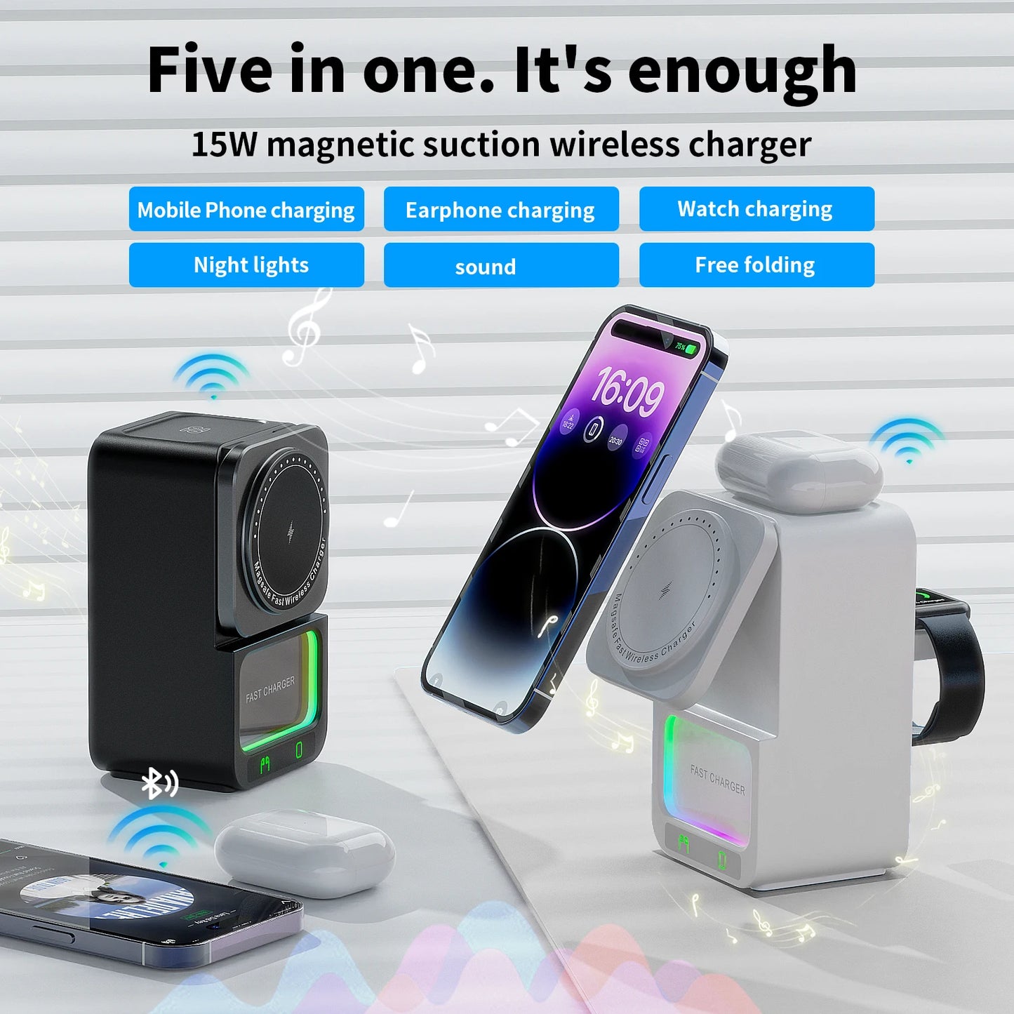 5-in-1 Wireless Charger With Bluetooth Speaker Fast Charging Station For Iphone/airpods/apple Watch Series